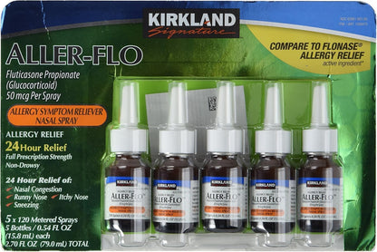 Kirkland Signature Aller-Flo Fluticasone Propionate (Glucorticoid) 5 Bottles x 120 Metered Sprays 0.54 Fl OZ per Bottle (15.8 mL x 5) 2.70 OZ Total (79 mL Total) 600 Total Sprays Total, 1-Pack