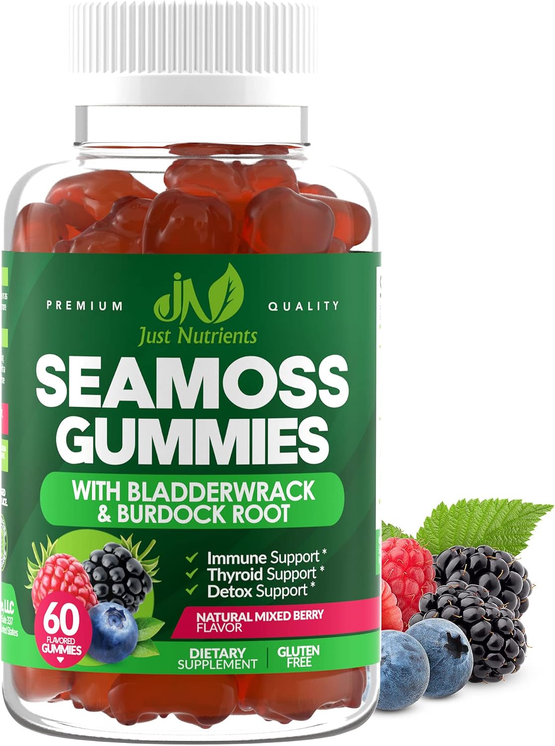 Sea Moss 3000mg Gummies with Bladderwrack and Burdock Root for Men & Women | Natural Irish Sea Moss Superfood for Immune, Thyroid and Detox Support - Extra Strength, Berry Flavor, Gluten-Free, Vegan