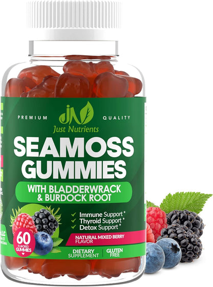Sea Moss 3000mg Gummies with Bladderwrack and Burdock Root for Men & Women | Natural Irish Sea Moss Superfood for Immune, Thyroid and Detox Support - Extra Strength, Berry Flavor, Gluten-Free, Vegan