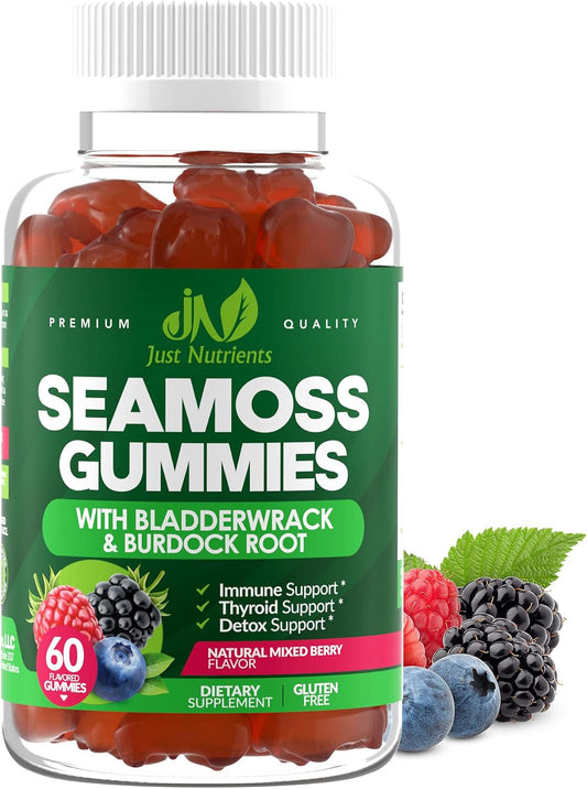 Sea Moss 3000mg Gummies with Bladderwrack and Burdock Root for Men & Women | Natural Irish Sea Moss Superfood for Immune, Thyroid and Detox Support - Extra Strength, Berry Flavor, Gluten-Free, Vegan