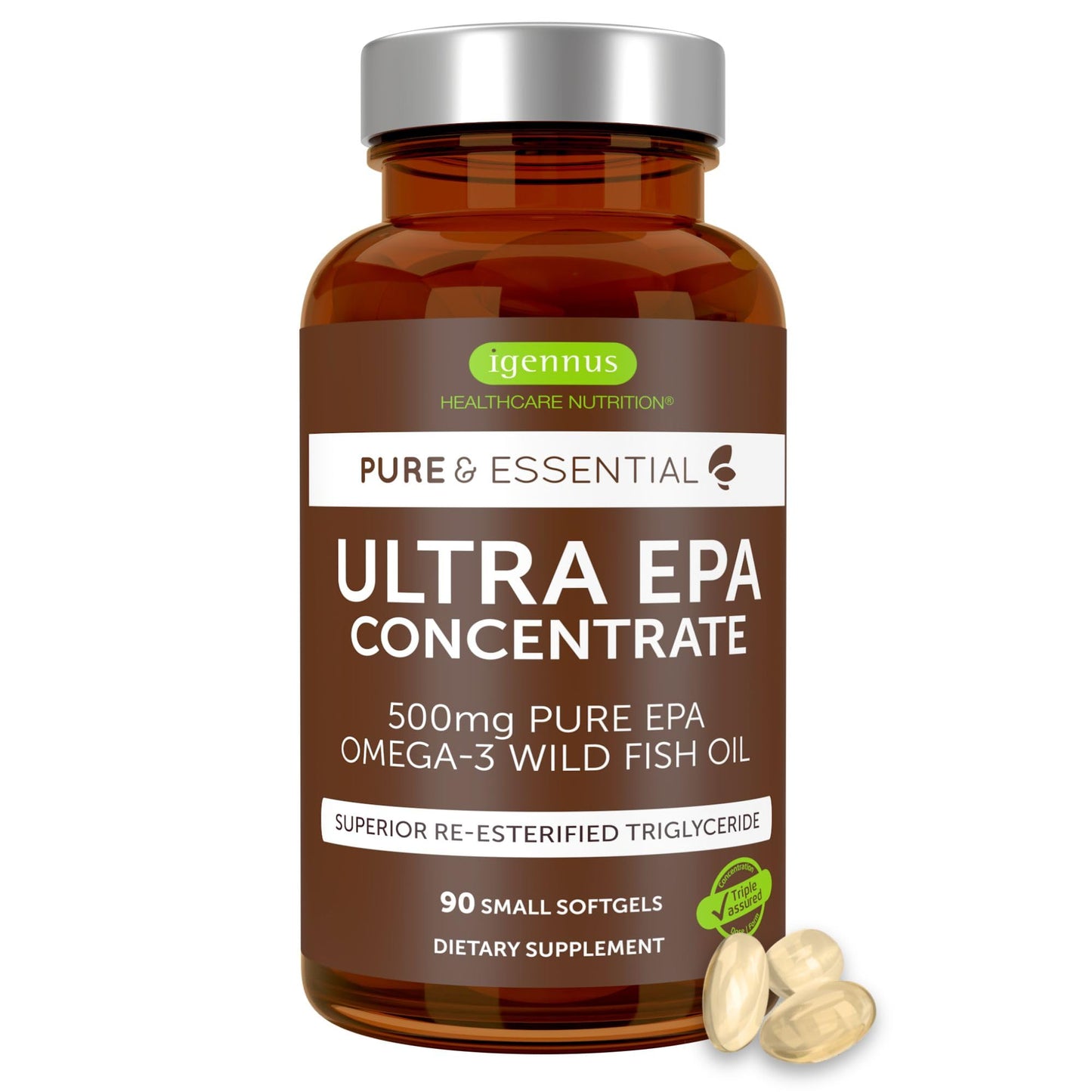 Igennus Ultra Pure EPA Omega-3 500mg, DHA-Free, High EPA rTG, IFOS Certified Fish Oil, Concentrated Triglyceride Form, Non-GMO, 90 Small Softgels