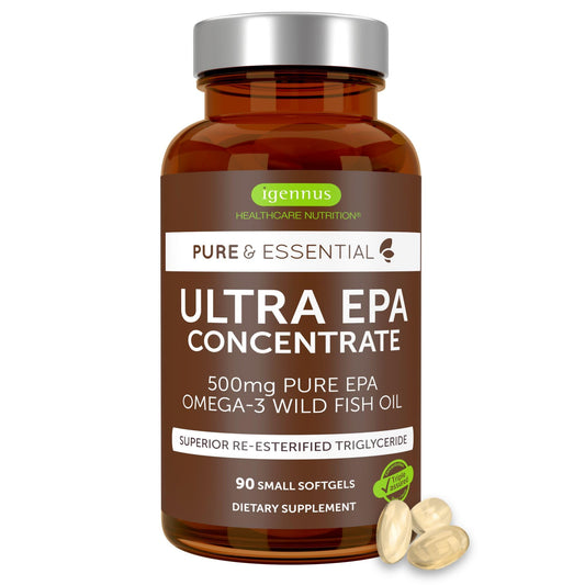 Igennus Ultra Pure EPA Omega-3 500mg, DHA-Free, High EPA rTG, IFOS Certified Fish Oil, Concentrated Triglyceride Form, Non-GMO, 90 Small Softgels