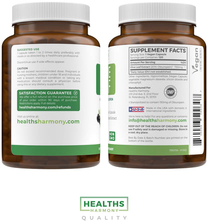 Super Strength Olive Leaf Extract Capsules - Vegan Non-GMO 750mg Olive Extract with 20% Oleuropein Antioxidant Supplement for Immunity Skin and Heart Health Support - Made in The USA (2 Month Supply)