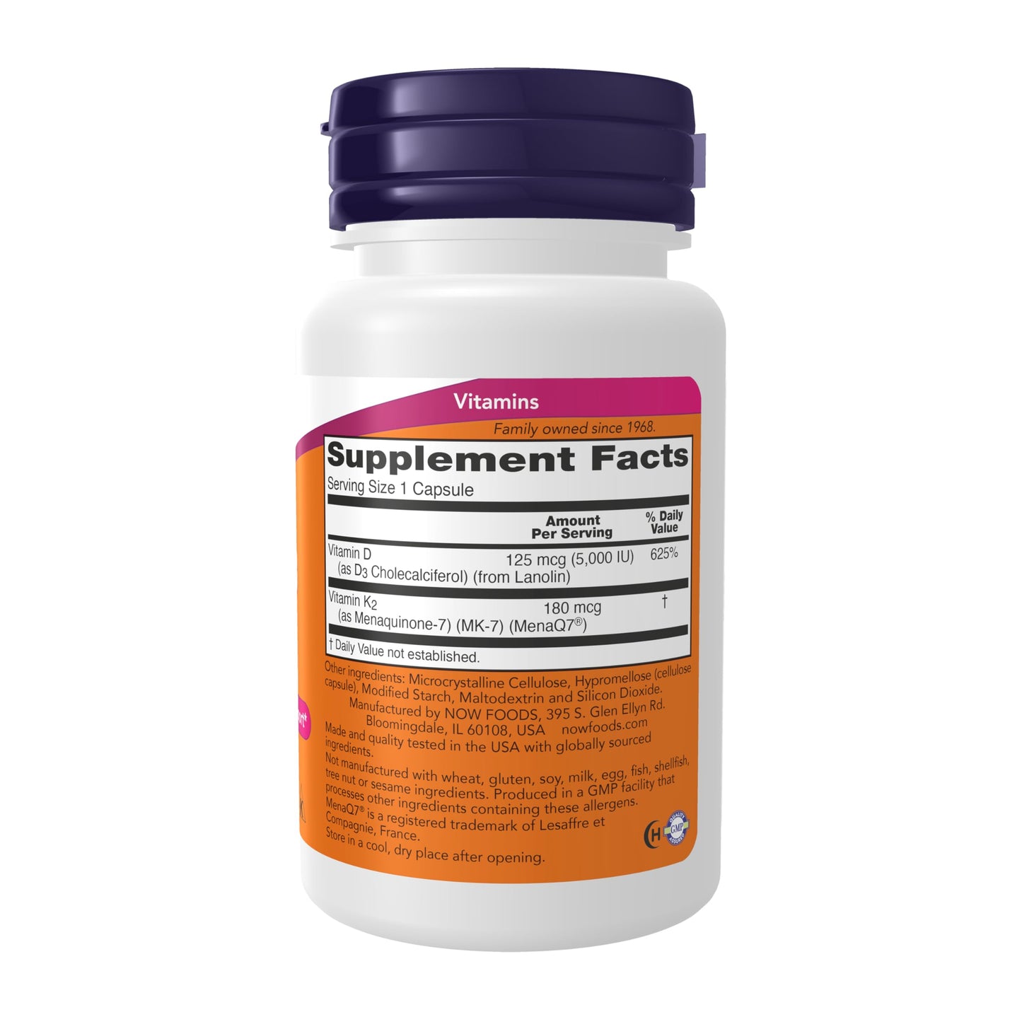 NOW Foods Supplements, Mega D-3 & MK-7 with Vitamins D-3 & K-2, 5,000 IU/180 mcg, Bone & Cardiovascular Support*, 60 Veg Capsules