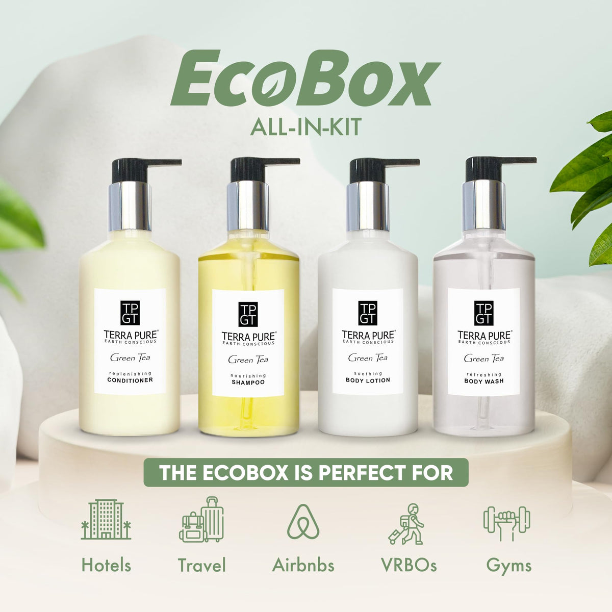 Terra Pure 10 Piece Ecobox All-In-Kit | Green Tea Soap | 3 Shampoo, 2 Conditioner, 3 Body