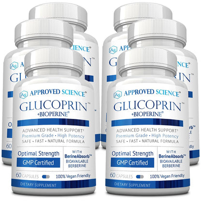 Approved Science Glucoprin - 250 mg Berberine, Mulberry, Cinnamon, BioPerine, Non GMO- Made in the US - 1 Bottle - 60 Vegan Capsules - Pack of 3