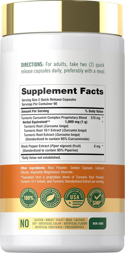 Carlyle Turmeric Curcumin with Black Pepper | 180 Capsules | Turmeric Complex Supplement | Non-GMO, Gluten Free
