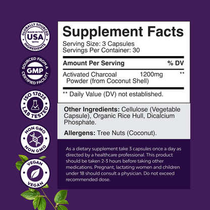 Natures Craft Activated Charcoal Pills Detox & Cleanse - Purifying Coconut Capsules with 1200 mg Per Serving for Bloating Relief - Active Detox Supplement for Body & Gut Health -180 Count