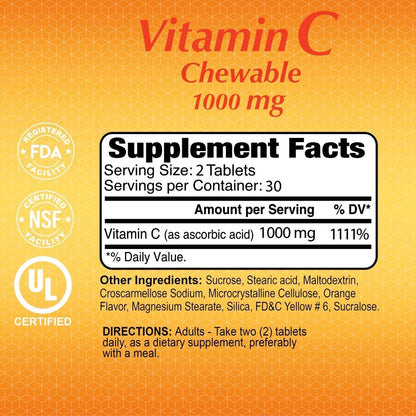 ALFA VITAMINS Vitamin C Chewables Contains 1000mg - Easy to chew Tablets - Super Antioxidant - Immune Booster - 60 Tablets