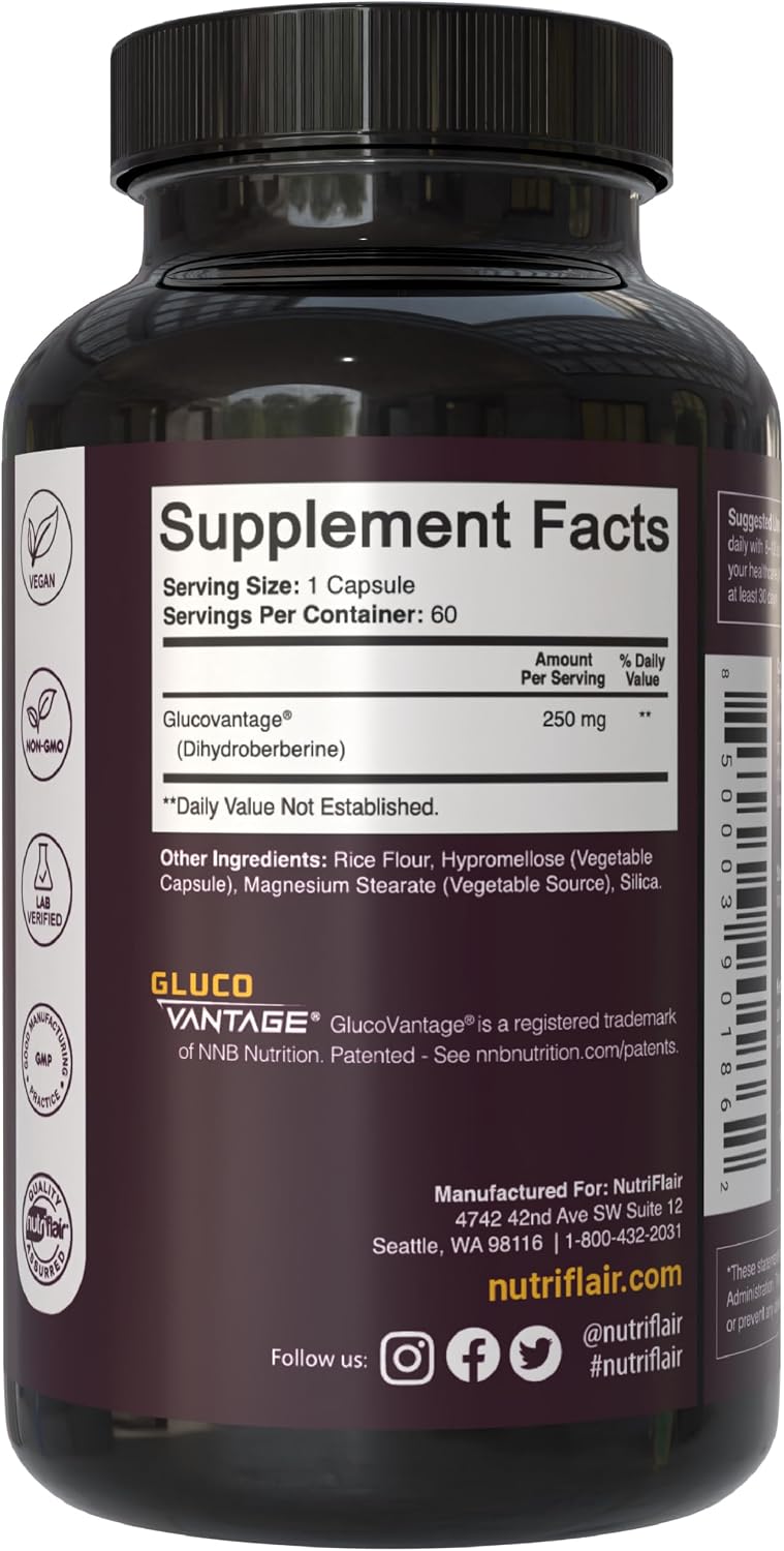 NutriFlair DihydroBerberine 250 mg (GlucoVantage®), 60 Capsules | High Bioavailability Berberine Supplement, Advanced Metabolic & Daily Wellness Support, 2-Month Supply