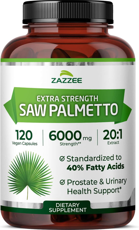 Zazzee Extra Strength Saw Palmetto 20:1 Extract, 40% Fatty Acids, 120 Vegan Capsules, 4 Month Supply, Serenoa Repens, Daily Wellness & Men’s Health Support, Herbal Supplement, Non-GMO, Made in the USA
