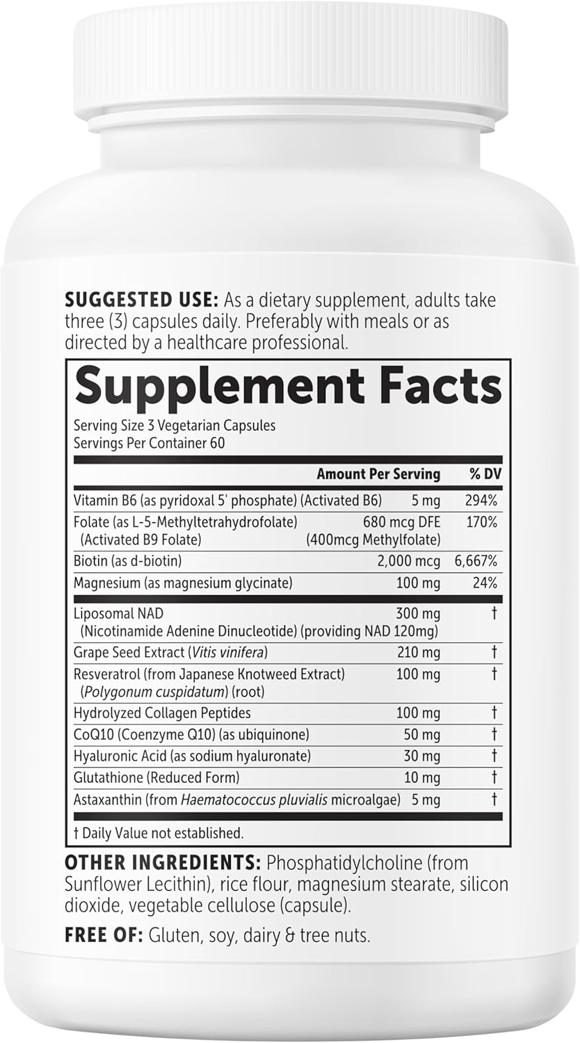 Micro Ingredients Liposomal NAD+ for Women Complex, 180 Veggie Capsules | NMN Pathway Supplement | 12-in-1 Advanced NAD Formula with Resveratrol, Hyaluronic Acid, Glutathione, & Collagen