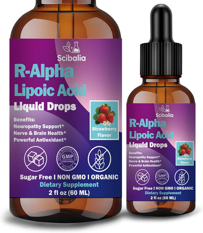 R Alpha Lipoic Acid 600mg Liquid Drops for Neuropathy, Advanced 11-in-1 Stabilized R-ALA Supplement w. Benfotiamine Acetyl L-Carnitine Vitamin C E for Antioxidant Nerve Brain Energy Health Non GMO