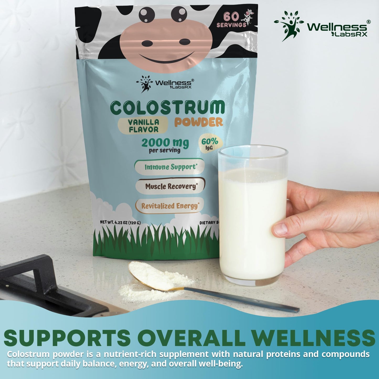 Colostrum Powder 2000mg - Vanilla Flavor, 60% IgG Bovine Colostrum Supplement for Gut Health, Immune Support, Clean Skin, Anti-Aging, Grass-Fed Calostro Bovino Powder, Keto, Gluten-Free - 60 Servings