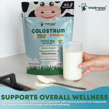 Colostrum Powder 2000mg - Vanilla Flavor, 60% IgG Bovine Colostrum Supplement for Gut Health, Immune Support, Clean Skin, Anti-Aging, Grass-Fed Calostro Bovino Powder, Keto, Gluten-Free - 60 Servings
