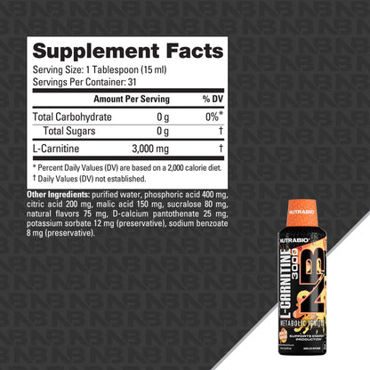 NutraBio – L-Carnitine Liquid Shots – 3000mg, (Green Apple) – 10mg of Vitamin B-5 – Zero Carbs & Sugars – Energy Production – Muscle Recovery