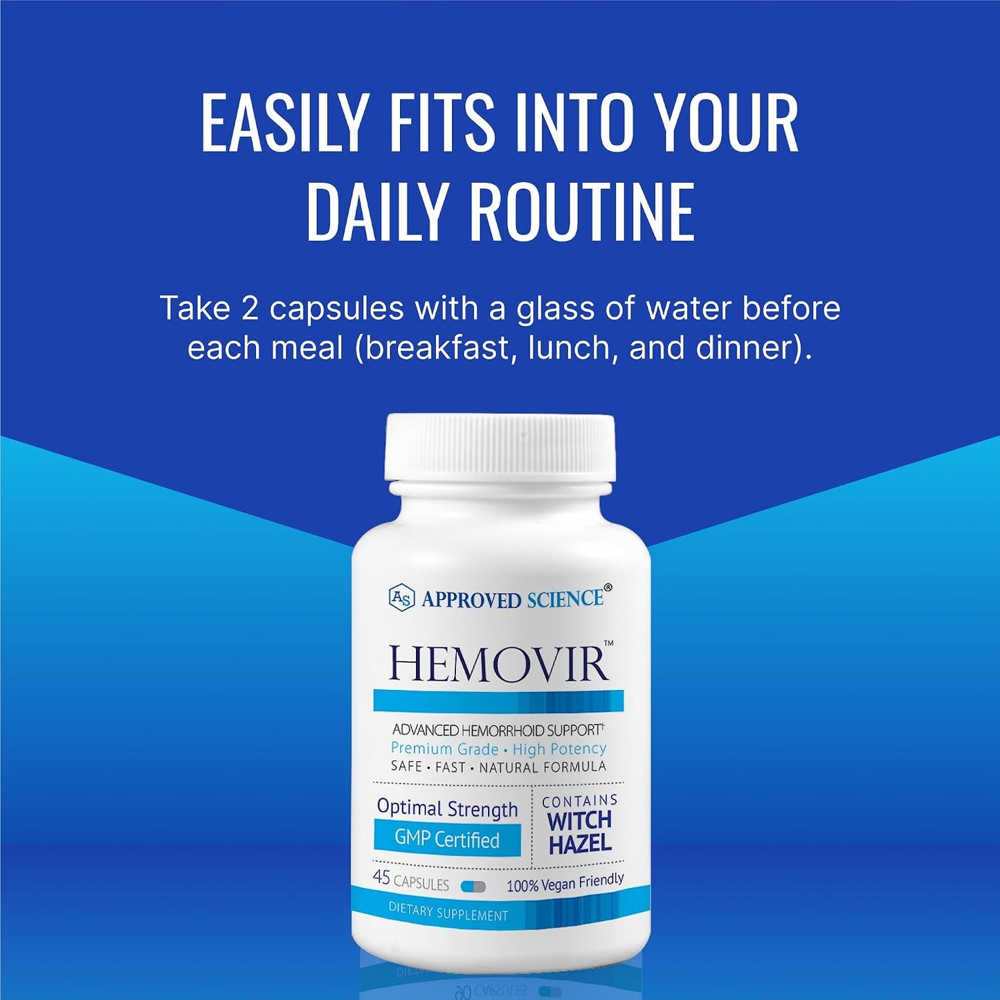 Approved Science Hemovir - Hemorrhoid Support Supplement - Witch Hazel, Horse Chestnut - 45 Capsules - 1 Bottle - Vegan