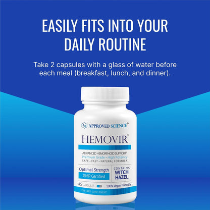 Approved Science Hemovir - Hemorrhoid Support Supplement - Witch Hazel, Horse Chestnut - 45 Capsules - 1 Bottle - Vegan