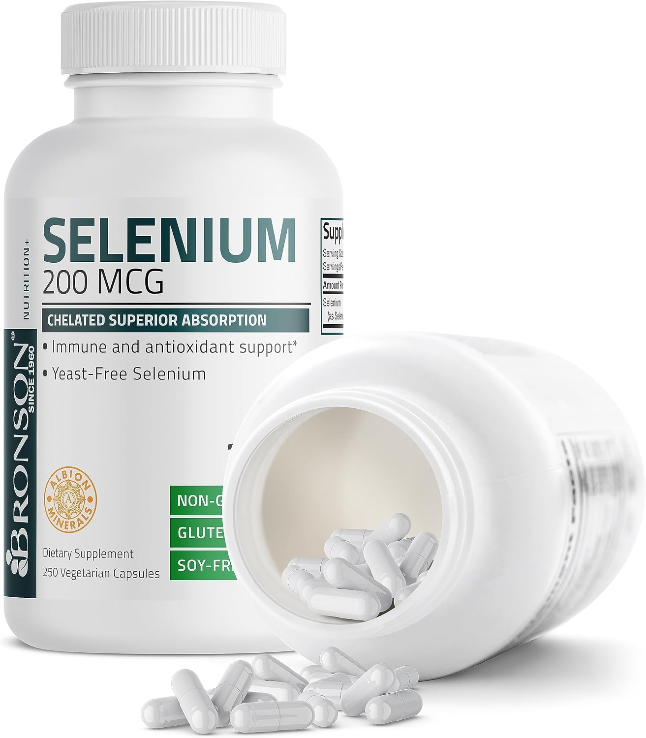 Bronson Selenium 200 mcg Albion Chelated Amino Acid Complex, 250 Capsules | Yeast-Free Essential Trace Mineral, Immune, Prostate & Metabolism Support, Vegetarian, Non-GMO, Gluten-Free & Soy-Free