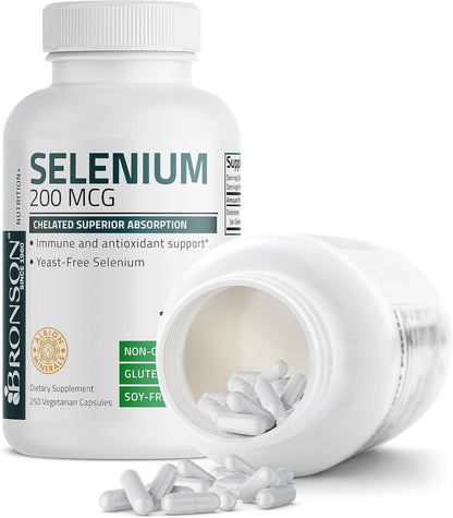 Bronson Selenium 200 mcg Albion Chelated Amino Acid Complex, 250 Capsules | Yeast-Free Essential Trace Mineral, Immune, Prostate & Metabolism Support, Vegetarian, Non-GMO, Gluten-Free & Soy-Free