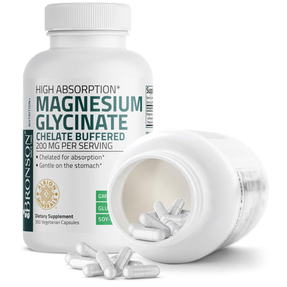 Bronson Magnesium Glycinate 200 MG Chelated High Absorption, 60 Capsules | Stress Relief, Sleep, Heart Health, Nerves, Muscles, and Metabolism Support, Vegetarian, Non-GMO, Gluten Free, Soy Free