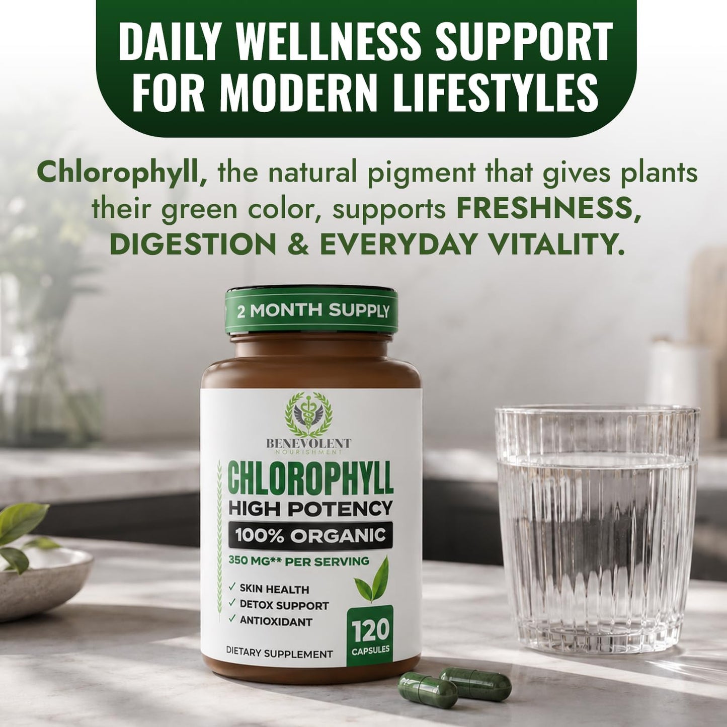 Chlorophyll Capsules 350mg – High Potency Sodium Copper Chlorophyllin Supplement for Internal Freshness, Detox, Digestion, Immune & Skin Health – Easy to Swallow – Made in USA – 120 Vegan Cap