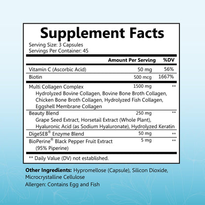 Multi Collagen Pills for Women (Types I II III V X) with Vitamin C Hyaluronic Acid Biotin