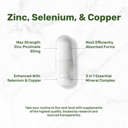 Zinc Picolinate 50mg with Copper & Selenium, 240 Capsules | 3-in-1 High Absorption Mineral Complex | Chelated Zinc Supplement for Immune Support* | 8 Month Supply
