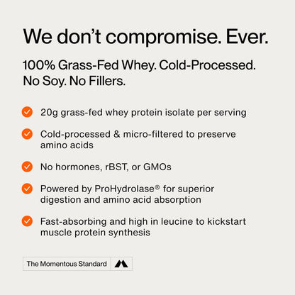 Momentous Essential Grass-Fed Whey Protein Powder - 20 g Whey Isolate Protein - NSF Certified for Sport - Gluten-Free - 25 Servings for Essential Everyday Use - Vanilla - Package May Vary