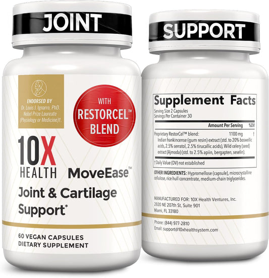 10X Health Joint Support Supplement - 60 Vegan Capsules | Cartilage Support Supplement: RestorCel Blend, Mobility Support for Knees & Hips, Vegan, 60ct