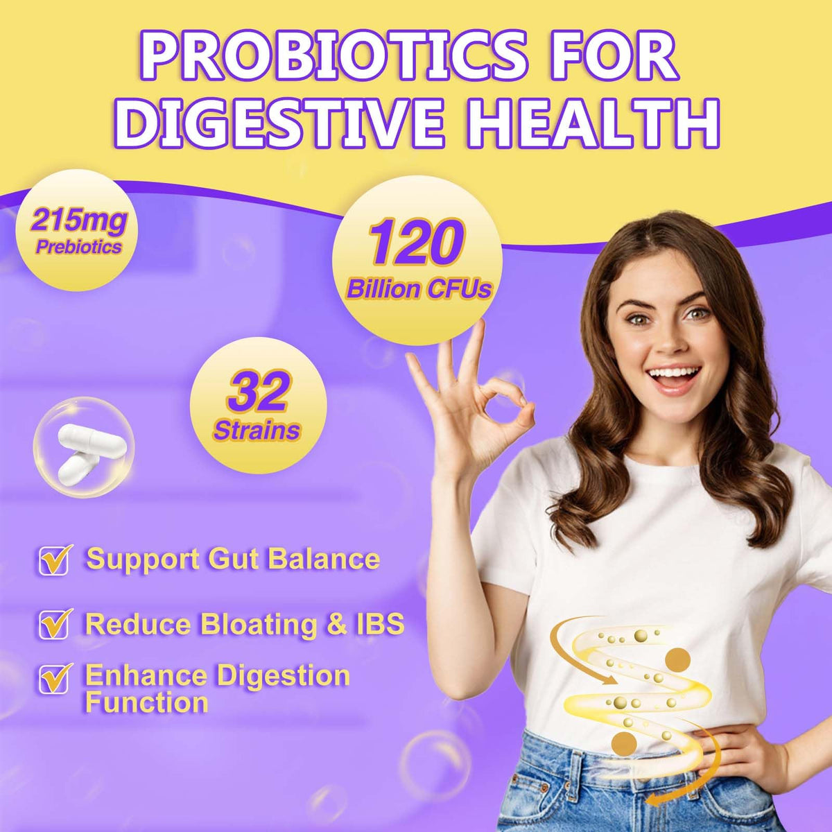 Probiotics for Women & Men Digestive Health，120 Billion CFUs, Prebiotics and Probiotics
