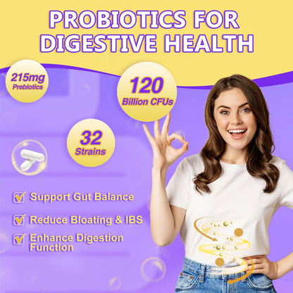Probiotics for Women & Men Digestive Health，120 Billion CFUs, Prebiotics and Probiotics