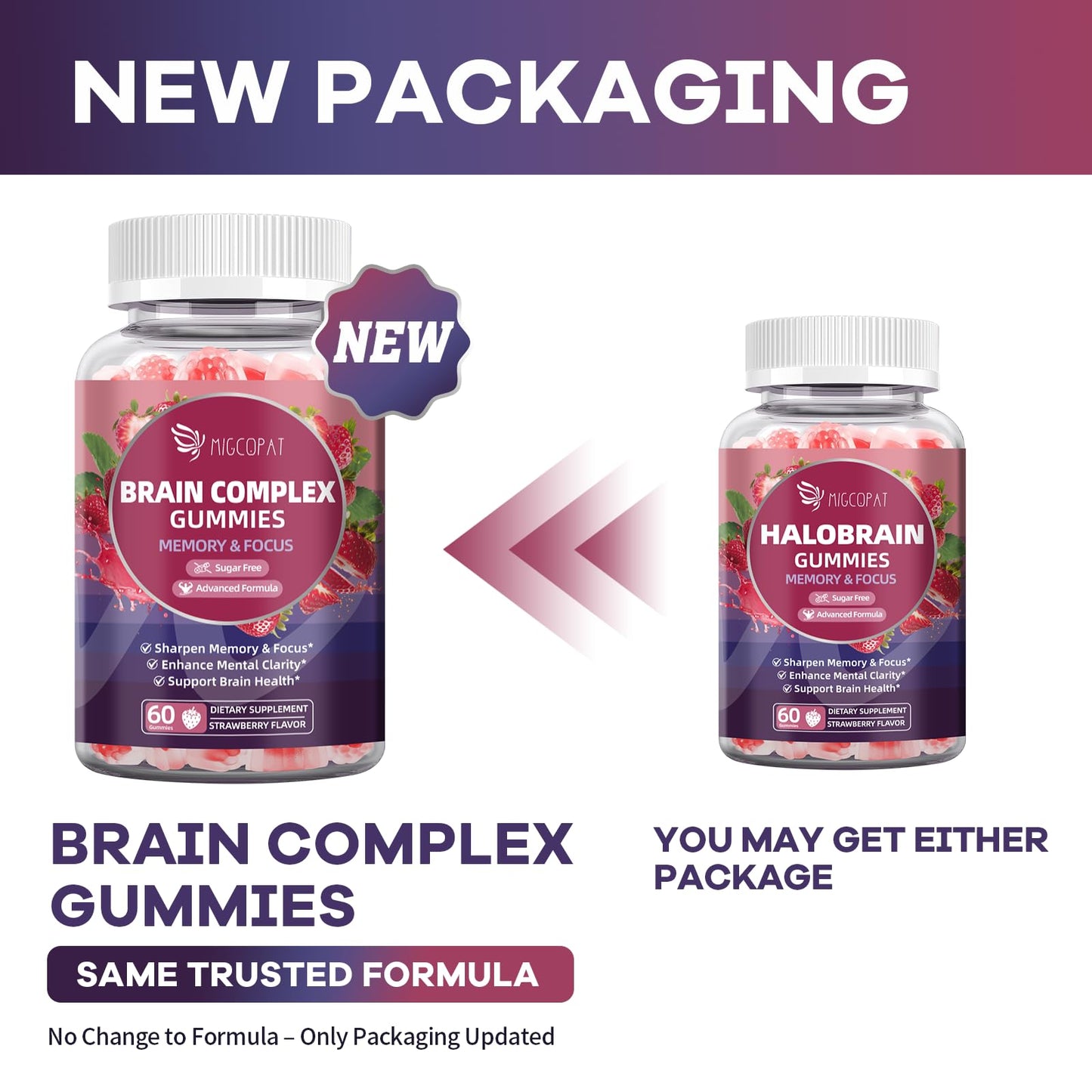 Migcopat Brain Supplements for Memory and Focus Gummies | Nootropic w/Bacopa Monnieri, Lion’s Mane, Ginkgo & 10-in-1 Mushroom Complex | Mental Clarity & Cognitive Support | Strawberry Flavor - 60 Cts