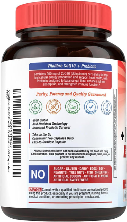 Vitalibre CoQ10 200 mg, with Probiotics for Women & Men, 50 Billion CFU, High Absorption Ubiquinone, Heart & Gut Energy Support, Powerful Antioxidant, Easy to Swallow, 60 Vegan Capsules