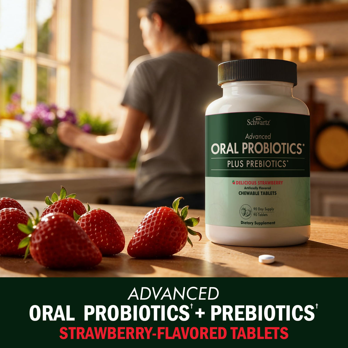 Oral Probiotics Supplement with Prebiotics, Strawberry Flavor, 60 Tablets