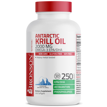 Bronson Antarctic Krill Oil 2000 mg with Omega-3s, 120 Softgels | Heavy Metal Tested, with EPA, DHA, Astaxanthin and Phospholipids, Non-GMO, Gluten Free, Soy Free