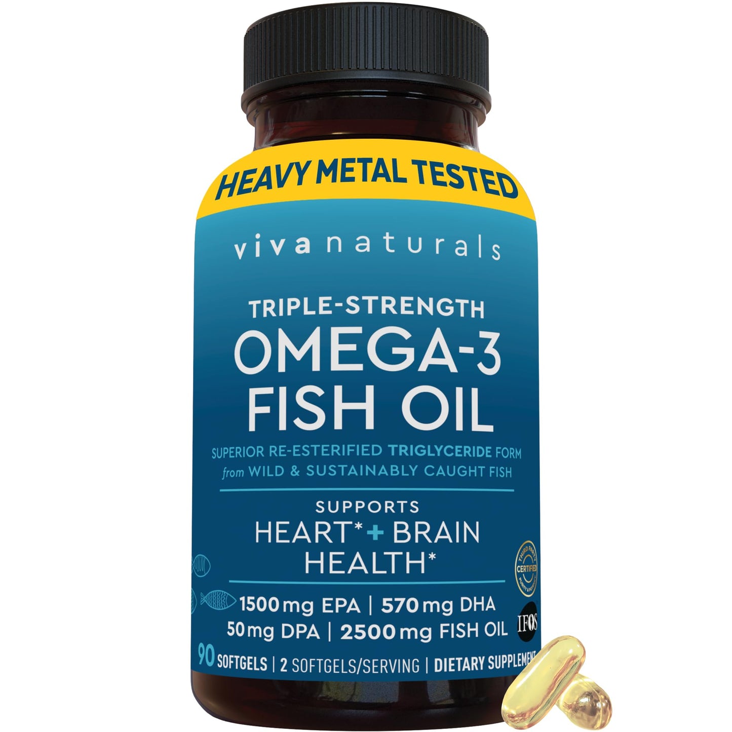 Omega 3 Fish Oil Supplement for Women and Men - 2500 mg Triple Strength Fish Oil per Serving with Omega 3 Fatty Acids Including EPA, DHA DPA - 180 Pescatarian-Friendly Softgels