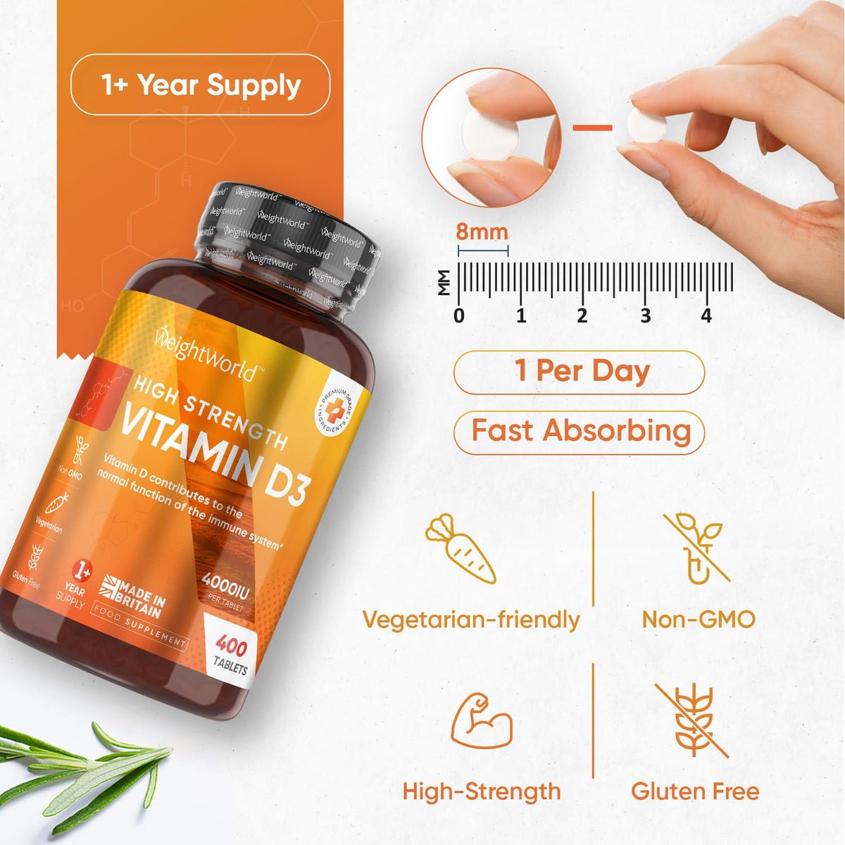 Vitamin D3 4000 IU – 400 High Strength Vitamin D Tablets (1+ Year Supply) – Vegetarian