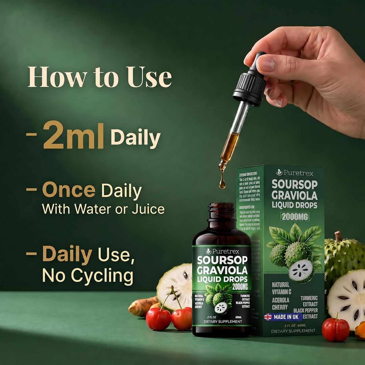 Soursop Graviola Liquid Drops 2000mg, Bitters Complex with Acerola Cherry, Turmeric and Black Pepper Extract, Fast Absorption Botanical Formula, Alcohol Free, 60mL 2 fl oz