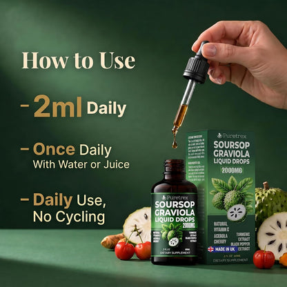 Soursop Graviola Liquid Drops 2000mg, Bitters Complex with Acerola Cherry, Turmeric and Black Pepper Extract, Fast Absorption Botanical Formula, Alcohol Free, 60mL 2 fl oz