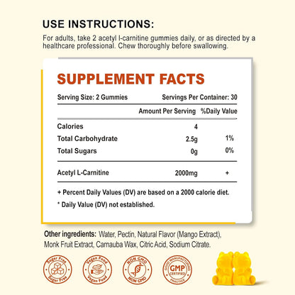 2 Pack Acetyl L-Carnitine Gummies, L-Carnitine Supplement for Women & Men, Nutrition Supplement for Boost Energy, Immunity & Brain Health, Vegan, Non-GMO, Mango Flavor, 120 Count