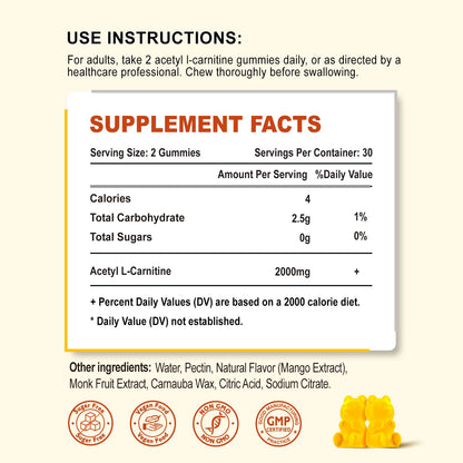 2 Pack Acetyl L-Carnitine Gummies, L-Carnitine Supplement for Women & Men, Nutrition Supplement for Boost Energy, Immunity & Brain Health, Vegan, Non-GMO, Mango Flavor, 120 Count