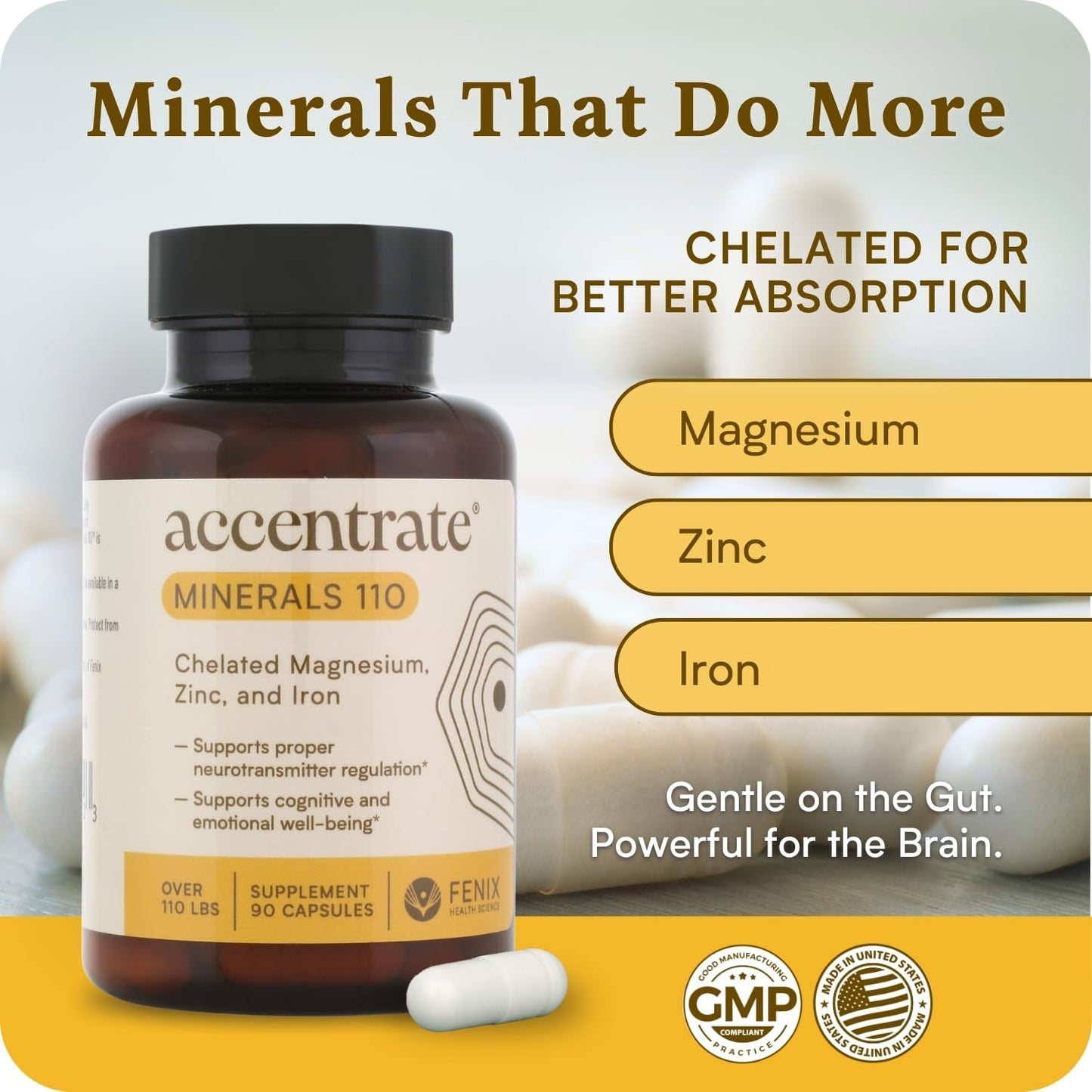 Accentrate Minerals - Magnesium Supplement for Kids – Chelated Magnesium Zinc Iron (Mg Zn Fe) – Mental Wellness Mineral Supplement for Focus, Mood & Brain Support – Bioavailable – 60 Capsules