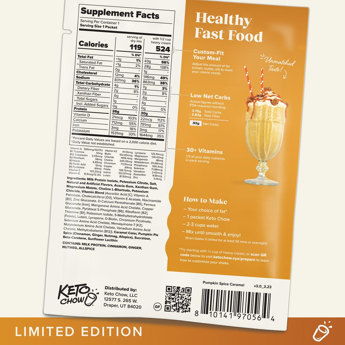 Keto Chow Chocolate Peanut Butter Meal Replacement Shake Powder, 3 Meals