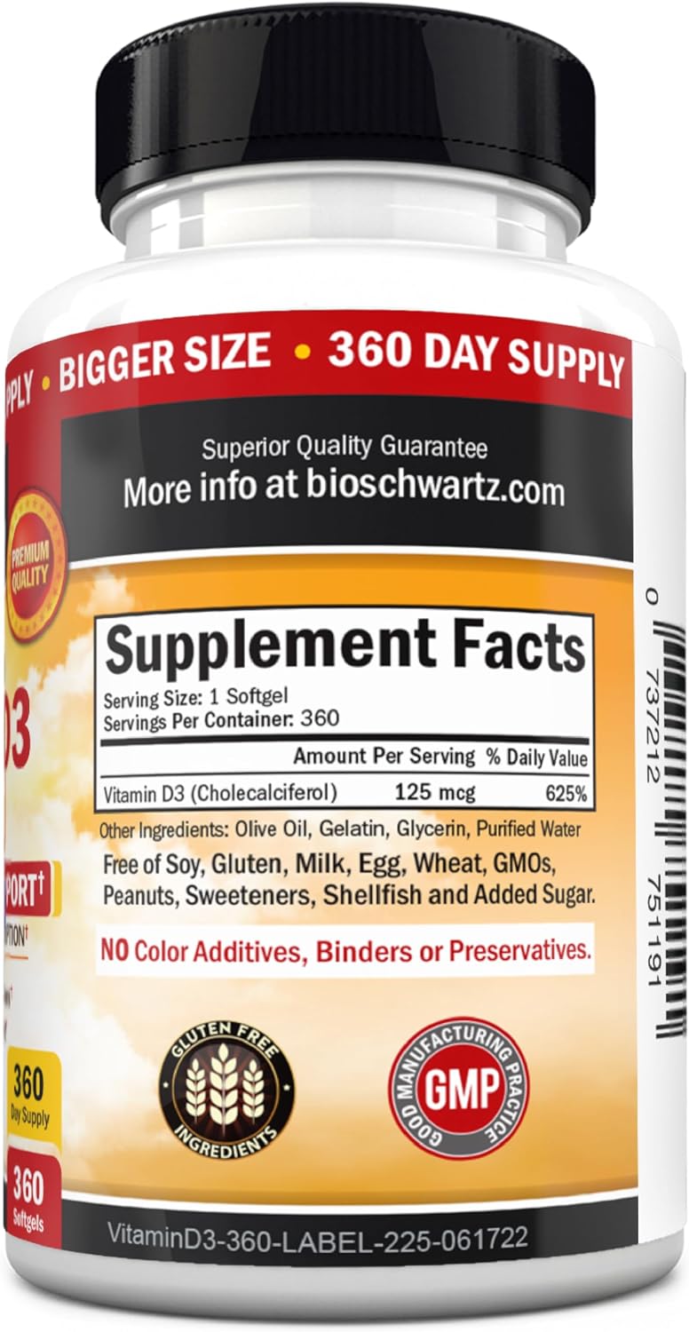 Vitamin D3 5000 IU (125 mcg) Supplement, 360 Softgels