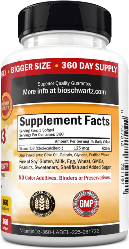Vitamin D3 5000 IU (125 mcg) Supplement, 360 Softgels