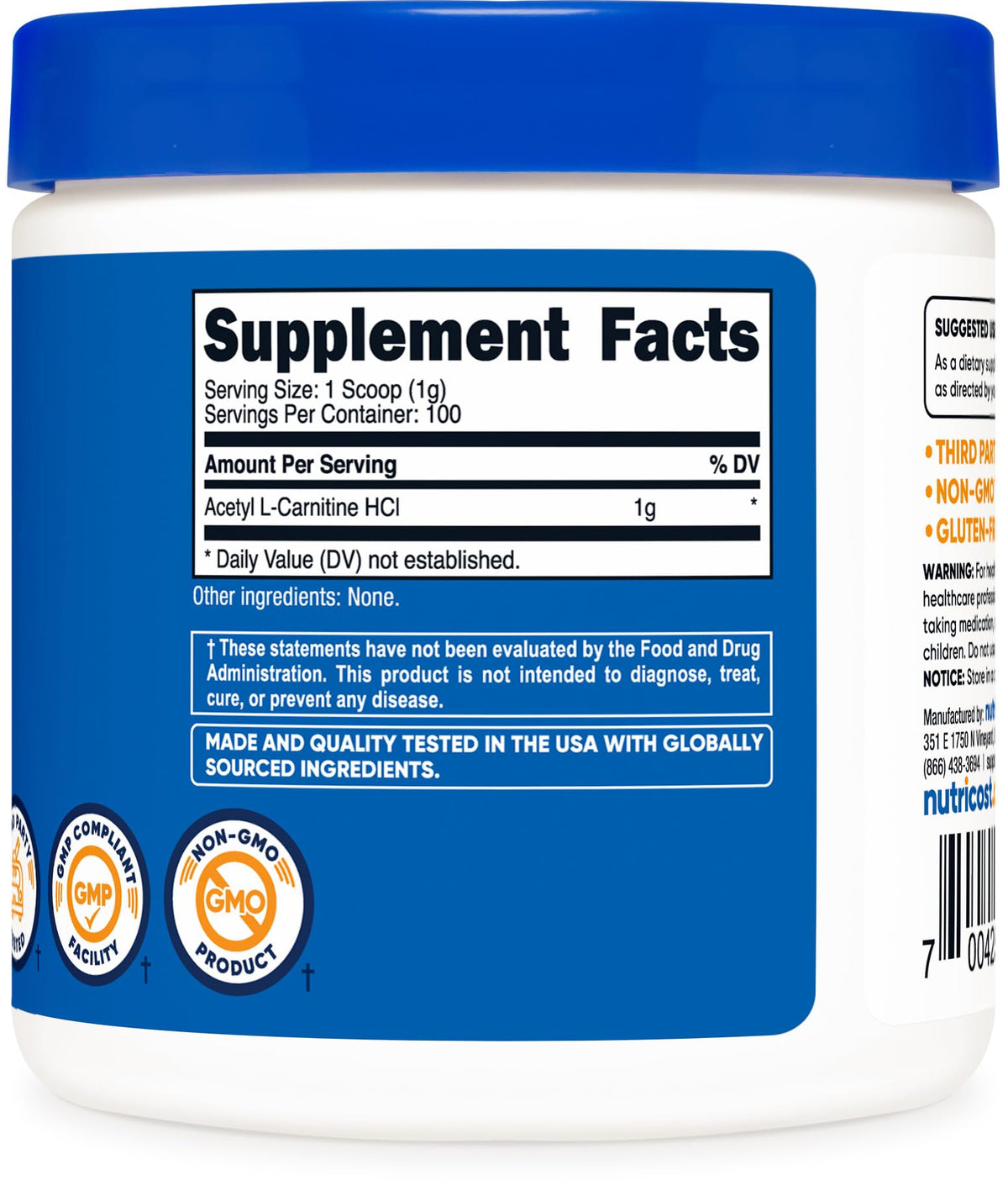 Nutricost Acetyl L-Carnitine (ALCAR) 100 Grams - 1000mg Per Serving - Non-GMO, Gluten Free