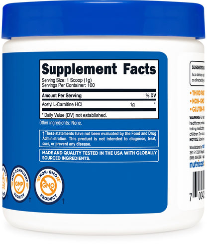 Nutricost Acetyl L-Carnitine (ALCAR) 100 Grams - 1000mg Per Serving - Non-GMO, Gluten Free