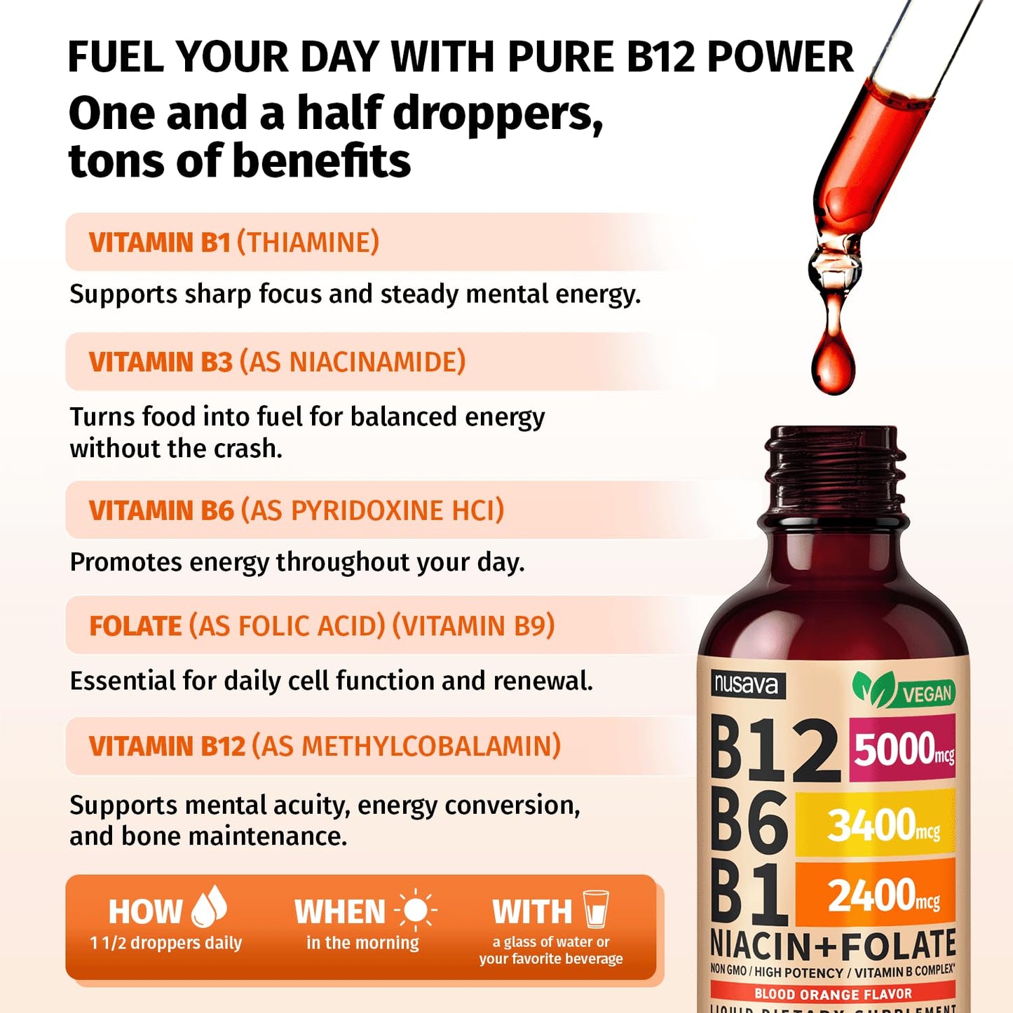 NUSAVA (2 Pack) Vitamin B12 Liquid Drops with B6, B1, Niacin & Folate — B12 Sublingual Vitamin B Complex, Methylcobalamin 5000 mcg, for Energy, Brain & Heart Support, Raspberry Flavor, 80 Servings