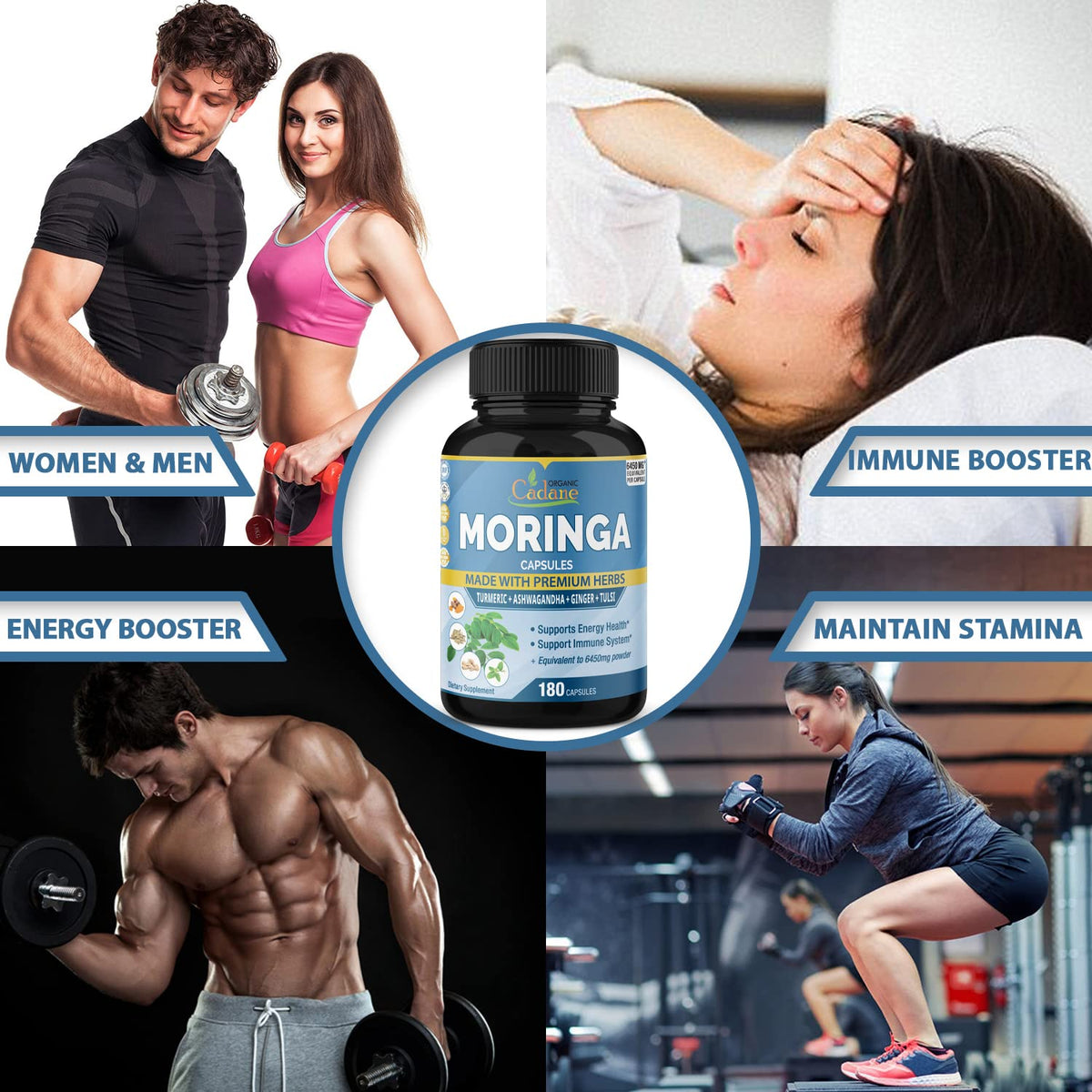 Organic Moringa Extract Capsules 6450mg, 6 Months Supply with Ashwagandha Root